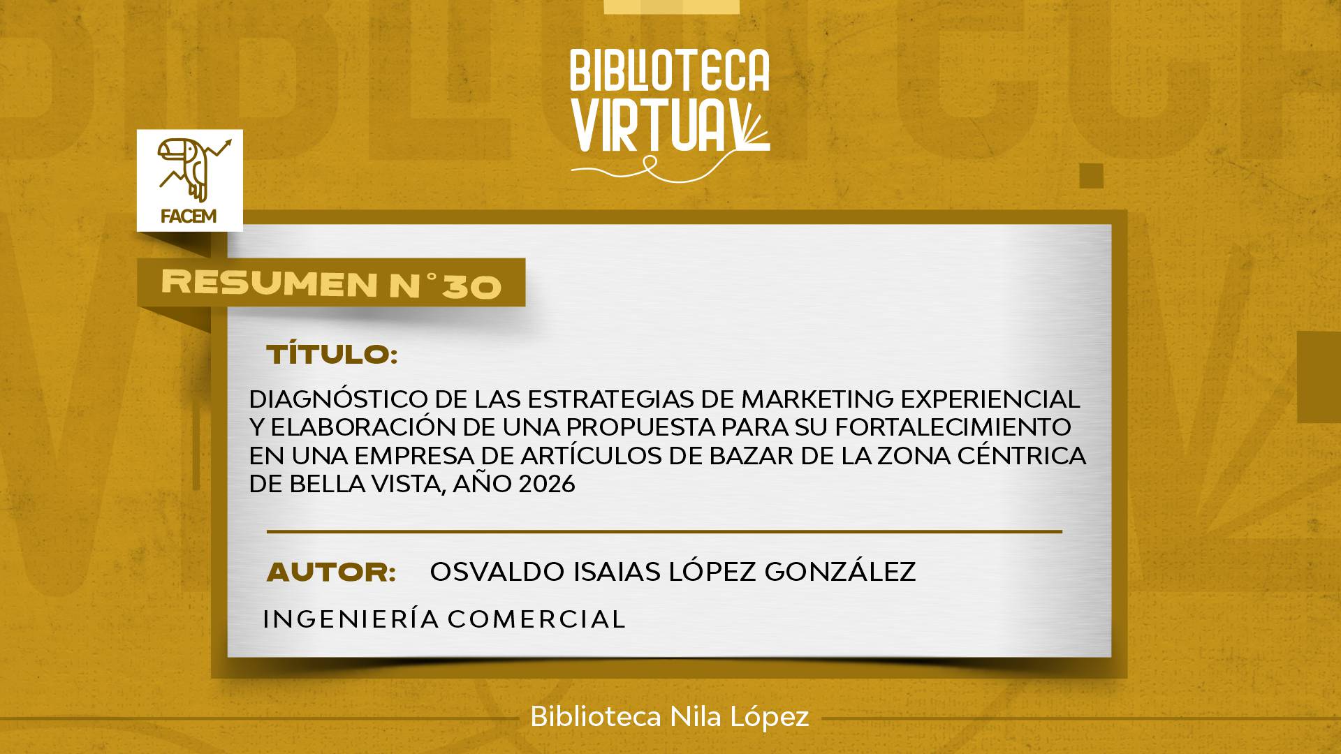 N° 30. DIAGNÓSTICO DE LAS ESTRATEGIAS DE MARKETING EXPERIENCIAL Y ELABORACIÓN DE UNA PROPUESTA PARA SU FORTALECIMIENTO EN UNA EMPRESA DE ARTÍCULOS DE BAZAR DE LA ZONA CÉNTRICA DE BELLA VISTA, AÑO 2026