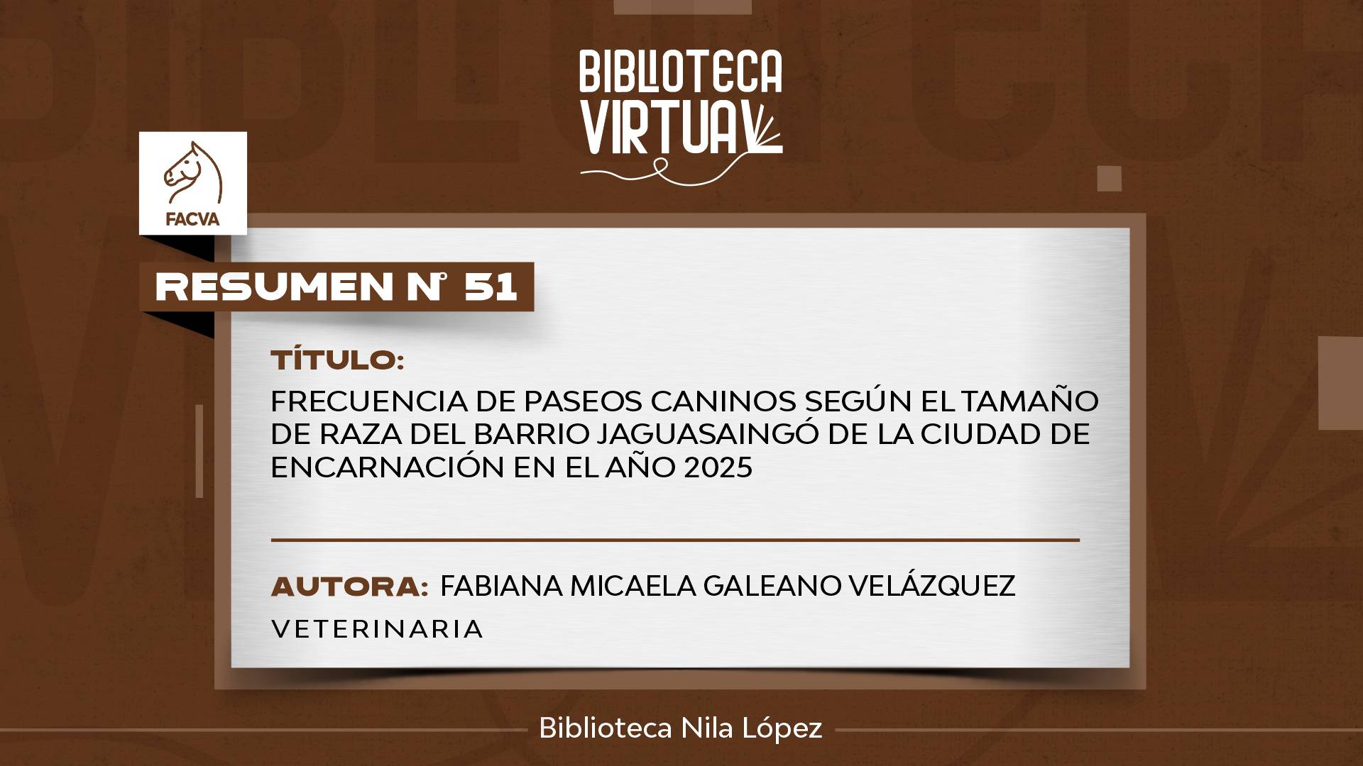 N° 51.	FRECUENCIA DE PASEOS CANINOS SEGÚN EL TAMAÑO DE RAZA DEL BARRIO JAGUASAINGÓ DE LA CIUDAD DE ENCARNACIÓN EN EL AÑO 2025