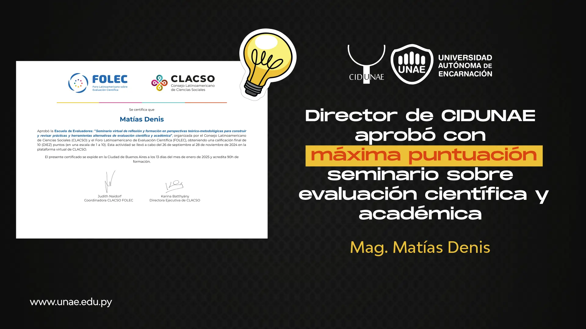 Director de CIDUNAE aprobó con máxima puntuación seminario sobre evaluación científica y académica