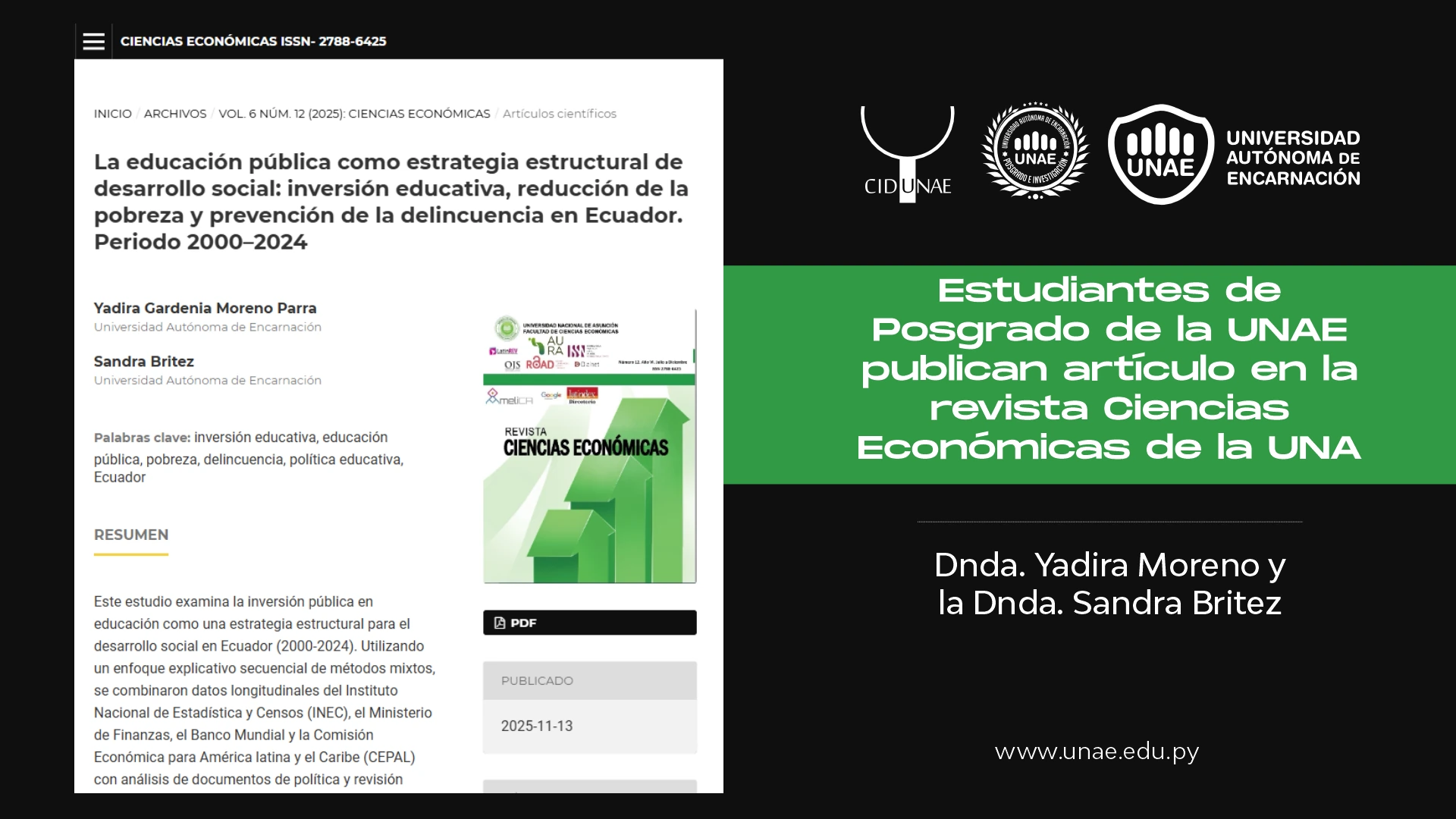 Estudiantes de Posgrado de la UNAE publican artículo en la revista Ciencias Económicas de la UNA