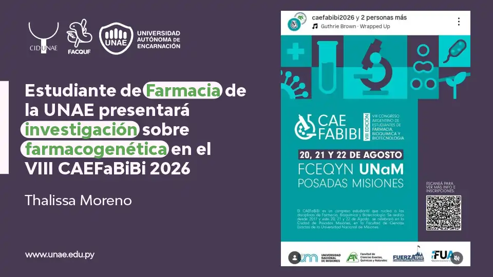 Estudiante de Farmacia de la UNAE presentará investigación sobre farmacogenética en el VIII CAEFaBiBi 2026