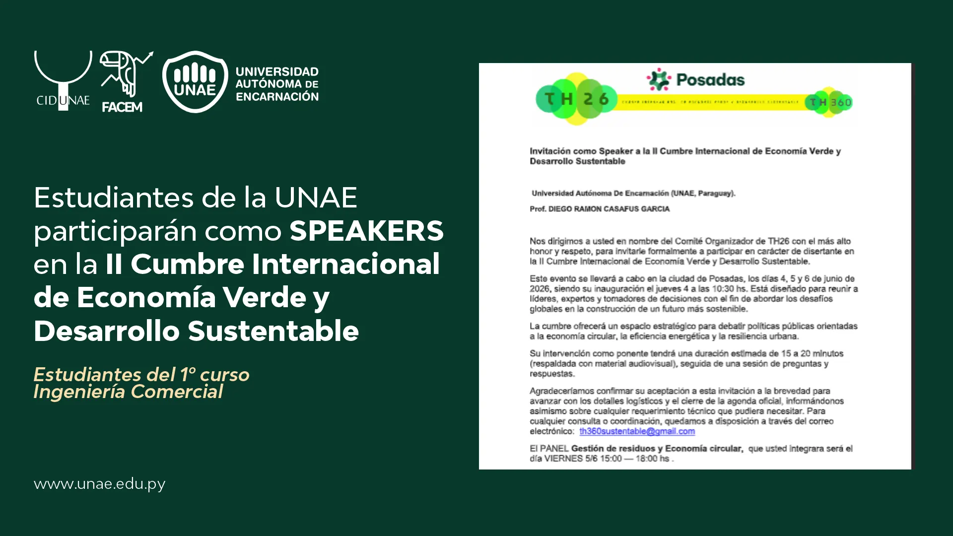Estudiantes de la UNAE participarán como speakers en la II Cumbre Internacional de Economía Verde y Desarrollo Sustentable
